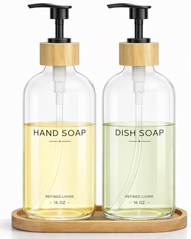 Hand and Dish Soap Dispenser Set,16oz Glass Bottles with Bamboo Pumps & Tray,Countertop Soap Dispensers for Kitchen,Luxury, Minimalist & Farmhouse Decor by Aeakey