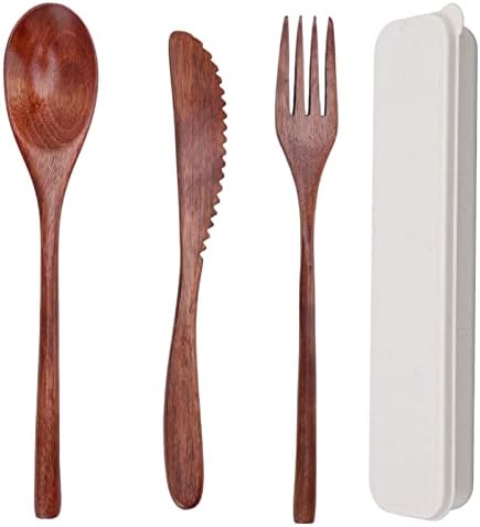 Wooden Cutlery Set, 3 PCS Wooden Spoon Fork Knife for Eating, Wooden Utensil Reusable Dinner Set with Case, Kitchen Flatware Set Travel Cutlery by Unknown