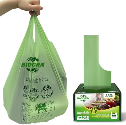 2.6-3 Gallon Compostable Trash Bags with Handles 80 Count 0.67 Mil 11.36 L Small Kitchen Wet Food Scrap Waste Compost Bag for Countertop Bin ASTM D6400 US BPI and OK Compost Home Certified by BIOGRN