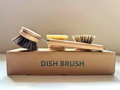 Bamboo Dish Brush with Handle, 1 Sturdy Wooden Handle with 3 Natural Bristle Heads, Horsehair, Sisal, Palm - All Purpose Kitchen Scrubber, Bamboo Wok Brush, Fruit and Veggie Scrubber - Image 3