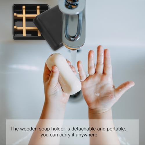uxcell Wooden Soap Holder, Detachable Self Draining Square Soap Dishes with Lid, Wooden Bamboo Soap Bar Tray for Shower (Single Pack Right Angle Black) - Image 4