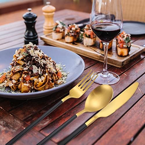 AARAINBOW 6 Pieces Stainless Steel Flatware Set Portable Reusable Cutlery Set Travel Utensils Set Including Chopsticks Knife Fork Spoon Straws Cleaning Brush Dishwasher Safe (B-Black golden) - Image 6