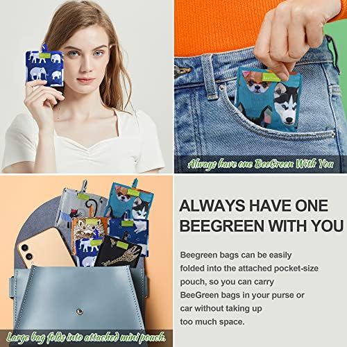 BeeGreen Shopping Bags Cloth Grocery Bags Foldable Travel Bag Tote Bags Bulk - Reusable Gift Bags with Handles (6 Pack) - Heavy Duty Large Washable Animal Holiday Design for Women Travel & Groceries​ - Image 5