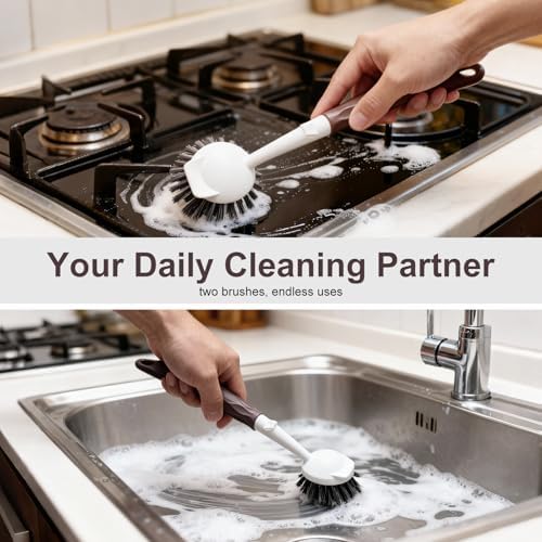 Dish Brush, 2 Pack with Comfortable Handle, with Built-in Scraper, Scrub Brush with Medium Firm bristles for Cleaning Dishes, Sink, Pots (Brown) - Image 7