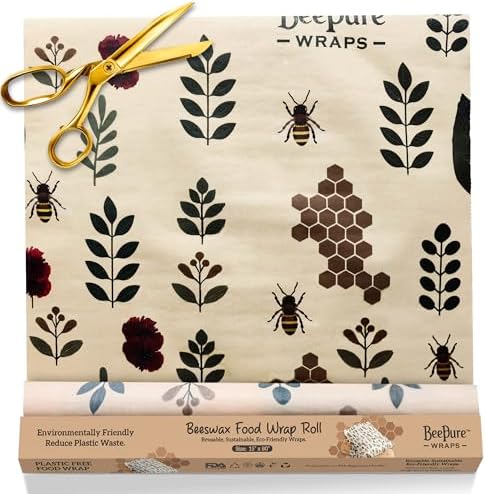 Reusable Beeswax Food Wrap Roll - Cut-to-Size 15 x 80 in, Eco-Friendly Food Storage Wrap, Botanical Plant & Bee Honeycomb Design by Unknown