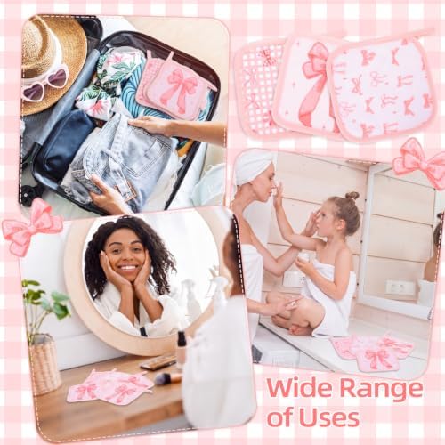 24 Pcs Pink Bow Party Favor Makeup Remover Cloth 6" x 6" Towels Reusable Coquette Pink Bow Remover Face Pads Soft Microfiber Washcloths Facial Cloths Makeup Towel Gift for Women - Image 5