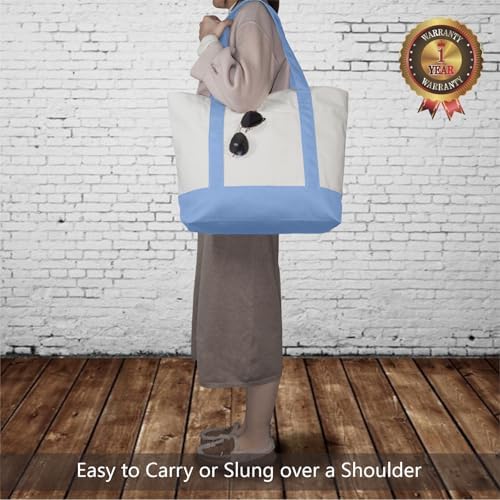 TOPDesign 1-Pack Canvas Tote Bag with an External Pocket, Reusable Grocery Shopping Bag, Top Zipper Closure, Daily Essentials (Light Blue/Natural) - Image 2