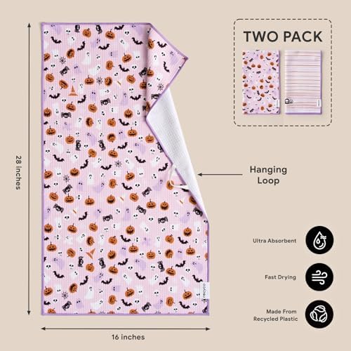 RECYCO Halloween Waffle Kitchen Towel Set of 2 - Quick Dry Microfiber Sustainable Dish Towels - Absorbent Reusable Cleaning Tea Towels - Lightweight Hand Towels,16”x 28”, Pink Boo - Image 2
