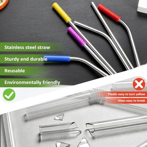 Lazycorner 16 Pcs Metal Straw Reusable 8.5" 10.5" 6mm Stainless Steel Straws for Tumblers 20oz-32oz, Silver Drinking Straws with Silicone Tips, 4 Straw Cleaner Brush, 1 Travel Case - Image 4