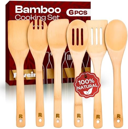 Riveira Bamboo Cooking Spoons 6-Piece – Wooden Cooking Utensils Set with Wooden Spoons for Cooking & Spatulas Wooden Utensil Sets – Premium Kitchen Utensils Set – Durable First Apartment Essentials by Riveira
