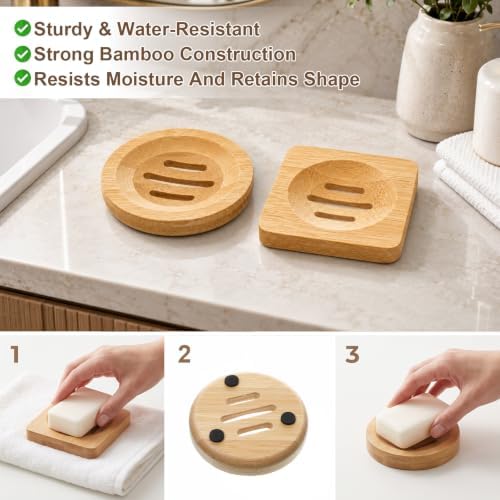 2 Pcs Bamboo Soap Holder, 2 Styles Soap Tray for Shower Kitchen Sink - Image 4