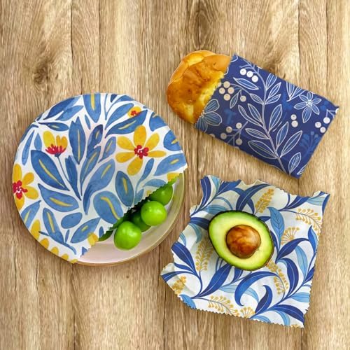 Reusable Beeswax Wrap, Blue Botanical & Floral Wraps, 9 Pack Eco-Friendly Food Storage for Sandwich, Bread & Bowl, Organic Cotton, Sustainable, Zero Waste, Plastic-Free, 1XL, 3M, 5S - Image 7