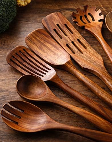 Wooden Kitchen Utensils Set, 11 Pcs Teak Wood Cooking Utensils Spoons Spatulas Spurtles Kit Non-stick Natural Kitchen Tools for Cooking - Image 4