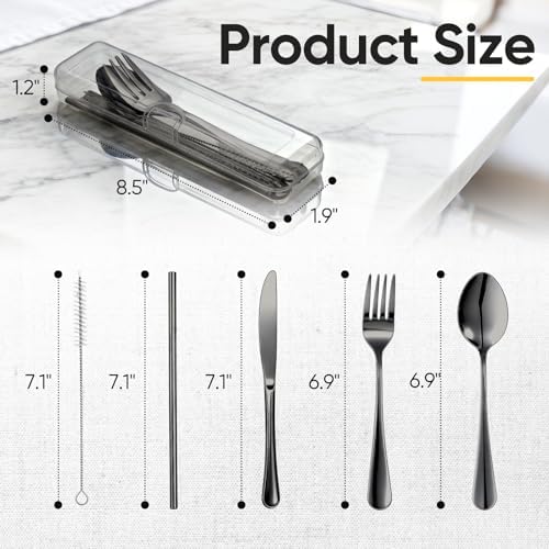 Travel Camping Utensils with Case, 6 Pcs Reusable Stainless Steel Silverware Cutlery Set, Spoon, Fork, Knife + Straw/Brush Kit for Camping, Travel, Office, Lunch Box, Eco On-the-Go (black) - Image 2