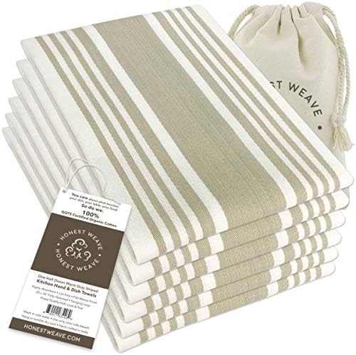 HONEST WEAVE GOTS Certified Organic Cotton Kitchen Hand and Dish Towel Sets - Oversized 20x30 inches, Fully Hemmed, in Designer Colors, 6-Pack, Warm Gray/Taupe Stripe by HonestWeave