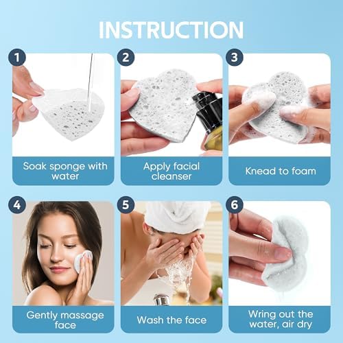 GAINWELL 50-Count Heart Shape Compressed Facial Sponges for Daily Facial Cleansing and Exfoliating, 100％ Natural Cosmetic Spa Sponges for Makeup Remover, White - Image 3