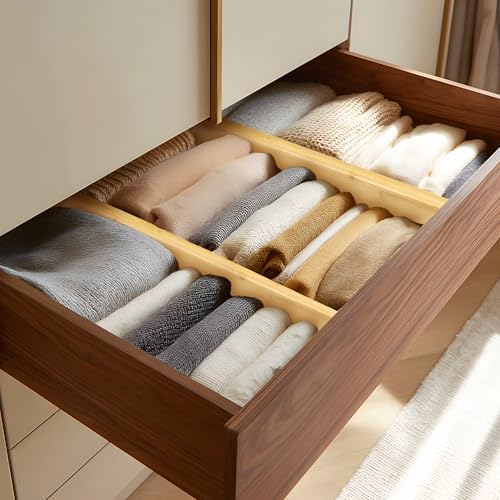 VaeFae 6 Pack Bamboo Drawer Dividers, 4" High Adjustable 16.6" - 21.8" Clothes Drawer Organizers, Expandable Separators for Bedroom/Bathroom/Kitchen/Office Storage - Image 3