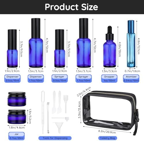 Segbeauty 8pcs Blue Travel Essentials Toilet Bottles Skincare Containers Set with Bag, Refillable Travel Size Containers Pump Bottle Cream Jar, Empty Glass Perfume Spray Bottles, Oils Dropper Bottle - Image 3