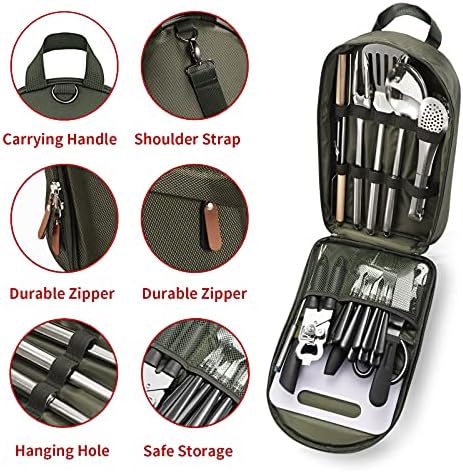 Portable Camping Kitchen Utensil Set-27 Piece Cookware Kit, Stainless Steel Outdoor Cooking and Grilling Utensil Organizer Travel Set Perfect for Travel, Picnics, RVs, Camping, BBQs, Parties and More - Image 2