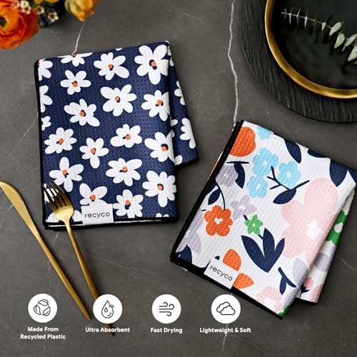RECYCO Waffle Kitchen Towel Set of 2 - Quick Dry Microfiber Sustainable Dish Towels - Ultra Absorbent Reusable Cleaning Tea Towels - Lightweight Hand Towels,16”x 28”, Whimsy Petals - Image 3