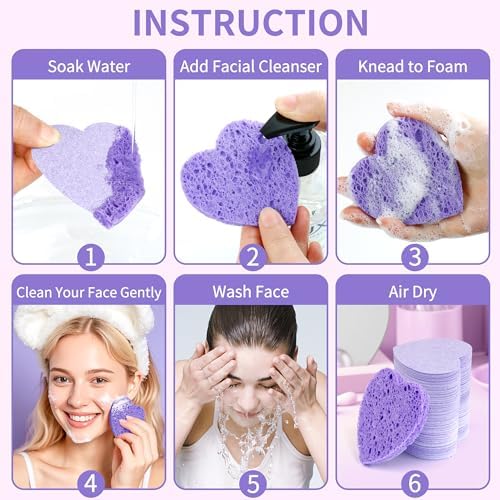 100-Count Compressed Facial Sponges, Purple Heart Shape - Image 6