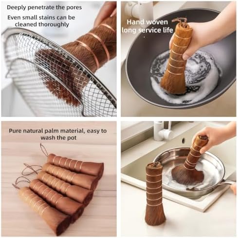 Palm Fiber Pot Brush, Natural Coconut Dish Brush, Hand Woven Palm Cleaning Brush, Non Scratch Nonstick Pan Cleaning Brush, Eco Friendly Plastic Free Kitchen Scrubber for Cookware Wok Plates - Image 5