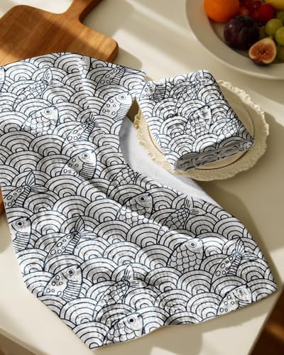 Miss Adola 370GSM Cotton Waffle Kitchen Towels, Fish - Image 2
