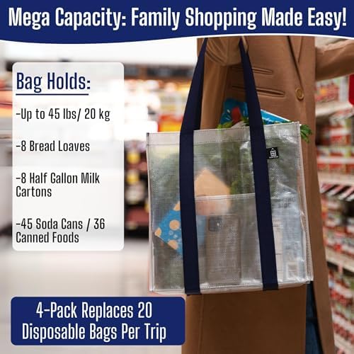 VENO 4 Pack Large Grocery Bag Reusable Shopping Bags with Hard Bottom - Image 5