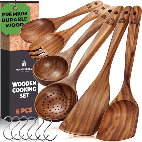 Wooden Spoons for Cooking 6 Pcs, Teak Wooden Utensil Set with Hanging Hooks by Woodenhouse