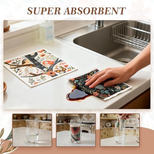 SEIBER Swedish Dishcloths for Kitchen ﻿Reusable,10 Packs,Bird Flower - Image 3