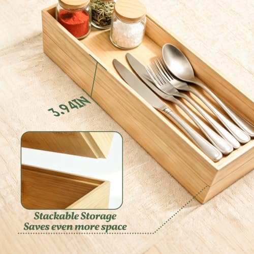 Bamboo Drawer Organizer Tray,17" x 6" Stackable Kitchen Drawer Storage Box - Image 5