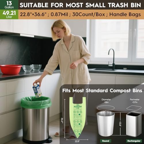 10-13 Gallon Compostable Trash Bags with Handles Tie 30 Bags Biodegradable Garbage Bags Food Scrap Green Waste Bags Thick 0.87 Mil 49.21 Liter ASTM D6400, US BPI and OK Compost Home Certified - Image 2
