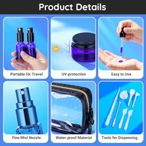Segbeauty 8pcs Blue Travel Essentials Toilet Bottles Skincare Containers Set with Bag, Refillable Travel Size Containers Pump Bottle Cream Jar, Empty Glass Perfume Spray Bottles, Oils Dropper Bottle - Image 2