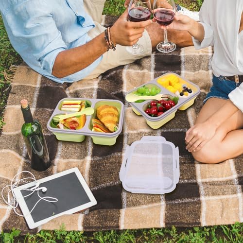 2 Pack Big Collapsible Silicone Bento Lunch Boxes With Lids spoons forks,3 Compartments, Divided Lunch Food Storage Containers, Safe in Microwave, Dishwasher and Freezer, 45.6oz (Yellow+Green) - Image 6