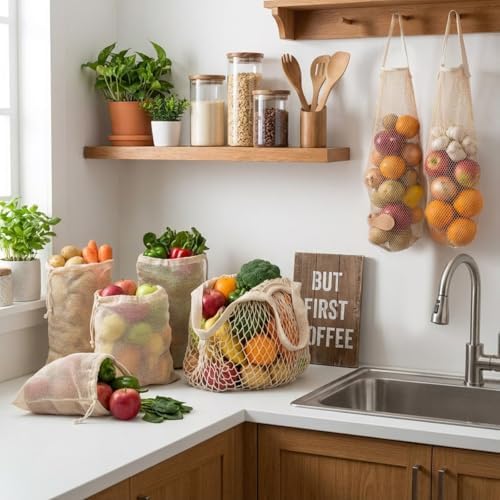 22 Pack Reusable Produce Bags Washable - Cotton Mesh Grocery Bags Lightweight Hanging Storage Bag Breathable Durable Net Shopping Sack for Vegetables Fruits - Image 4