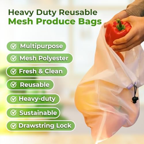purifyou Set of 10 Reusable Mesh Produce Bags, Heavy Duty, Washable, Farmers Market Bag for Fruits, Vegetables, Groceries, Kitchen Storage, Home Organizer (12x20in) - Image 3