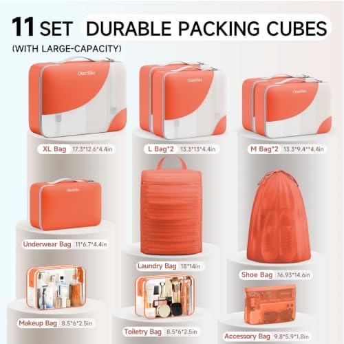 OlarHike Packing Cubes for Travel,Gifts for Women Mom,Anti-Tearing Suitcase Organizer for Luggage with Shoe & Hanging Toiletry Bag,Vacation Essentials & Accessories for Cruise Ship,11 Set,Orange - Image 2