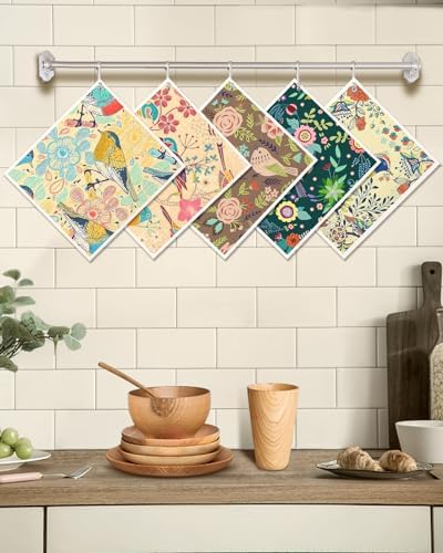 Miss Adola Swedish Dishcloths for Kitchen - 5 Pack Reusable Dish Cloths for Washing Dishes Absorbent Cute Funny Kitchen Towels Cleaning Sponge, Flower Bird - Image 5
