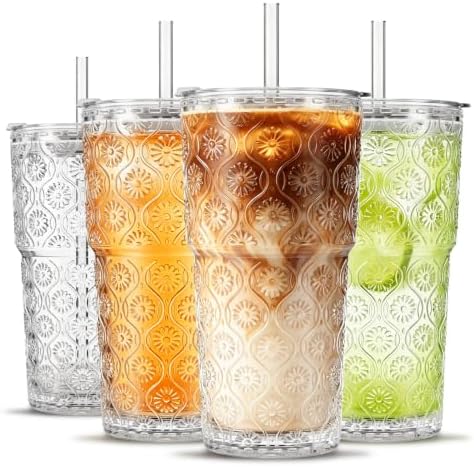 SoulTimes 20oz Begonia Flower Glass Tumbler with Bamboo Lid and Straw–Iced Coffee Glasses Cups for Smoothie, Matcha, Juice, Water etc. Leakproof and Reusable Glassware Drinking for Travel To Go [4Pcs] by SoulTimes