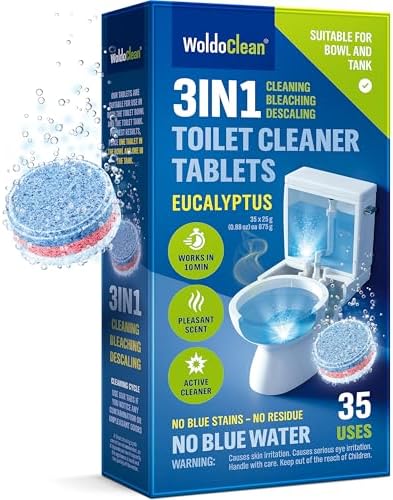 WoldoClean 3in1 Toilet Bowl Cleaner Tablets 35 Uses - Automatic Tank & Bowl Descaler, Heavy Duty Limescale & Hard Water Stain Remover, Eucalyptus Scent, No Blue Water Dye by WoldoClean