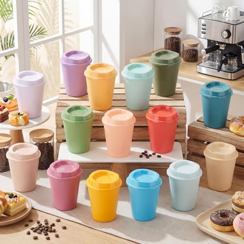 Honeydak 45 Pack 12 oz Reusable Coffee Cups with Lids Portable Tea Cups Reusable Hot Coffee Mugs Tumblers Bulk Plastic Tumblers Travel Drinks Mugs for Hot and Cold Drinks(Gentle Colors,Classic) - Image 2