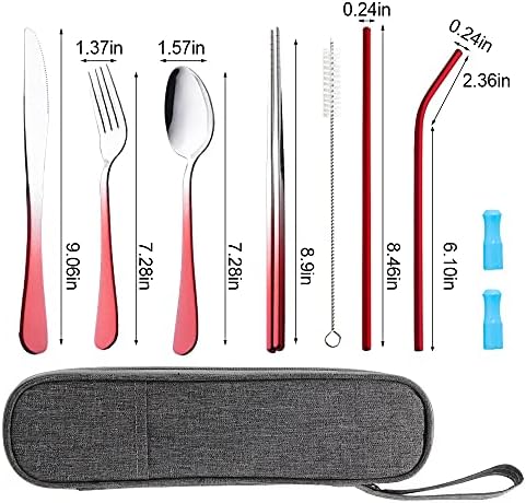Travel Utensils Set with Case Reusable Portable Cutlery Set Stainless Steel 8pcs Including Dinner Knife Fork Spoon Chopsticks straws (Gradient Red) - Image 3