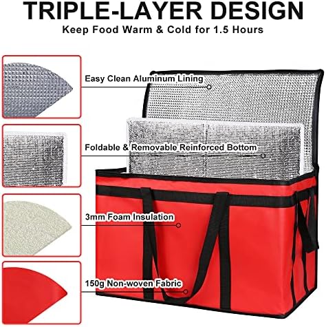 Insulated Food Delivery Bag with Hard Bottom, XXX-Large Insulated Reusable Grocery Cooler/Hot Bags, Tote Bag for Shopping/Travel, Red, 1-Pack - Image 4