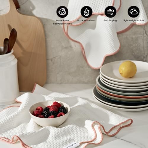 RECYCO Waffle Kitchen Towel Set of 2 - Quick Dry Microfiber Sustainable Dish Towels - Ultra Absorbent Reusable Cleaning Tea Towels - Lightweight Hand Towels,16”x 28”, Coral Pink - Image 2