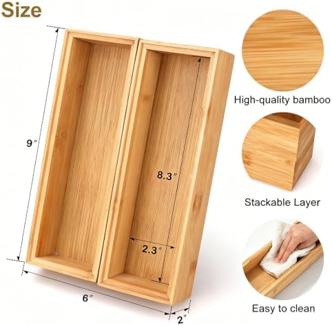 Bamboo Drawer Organizer Set of 2 for Kitchen Drawers, Small Stackable Drawer Organizer for Silverware, Utensils, Cutlery, Flatware, Junk Drawer, Dresser, Bathroom, 9" x 3" x 2" - Image 3