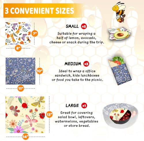 Beeswax Wrap, Beeswax Wraps For Food, Organic, Sustainable, Beeswax Food Wrap for Sandwich Storage, Reusable Beeswax Food Wrap 1L, 5M, 3S Butterfly Patterns Beeswax Paper, 9 Pack Set - Image 3