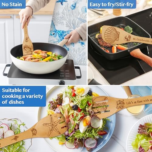 8 PCS Ocean Bamboo Kitchen Cooking Utensil Spoon Set with Apron Oven Mitt Potholder,Gift for Women Coastal Decor Beach Theme Kitchen Decorations,Sea Turtle Lovers,Housewarming,Birthday,Easter - Image 5