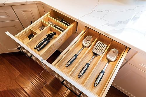 Umilife Bamboo Kitchen Utensils Organizer, 13 Inch Drawer Dividers for Silverware, Extra Deep Holder, with Non-Slip Feet, Wood Caddy for Flatware Cutlery - Image 5