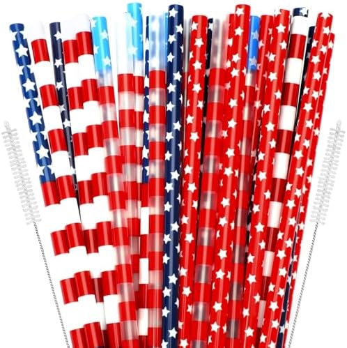 JANYUN 40 Pcs Reusable Patriotic Straws with Cleaning Brush by JANYUN