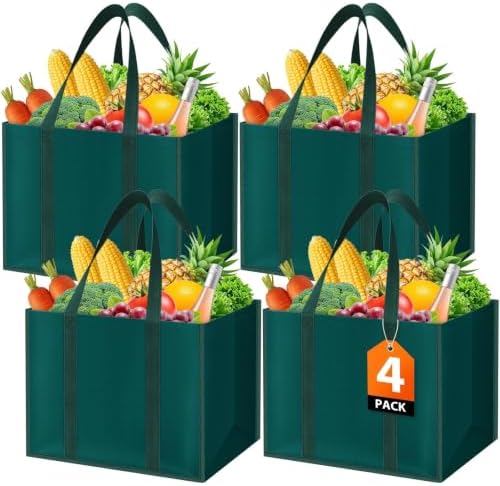 WISELIFE Reusable Grocery Bags, Foldable, Lasting Use, 35L, 4 Pack, Green by WiseLife
